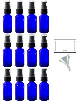 1 oz Cobalt Blue Glass Boston Round Treatment Pump Bottle (12 pack)   Funnel and Labels for essential oils, aromatherapy, food grade, bpa free