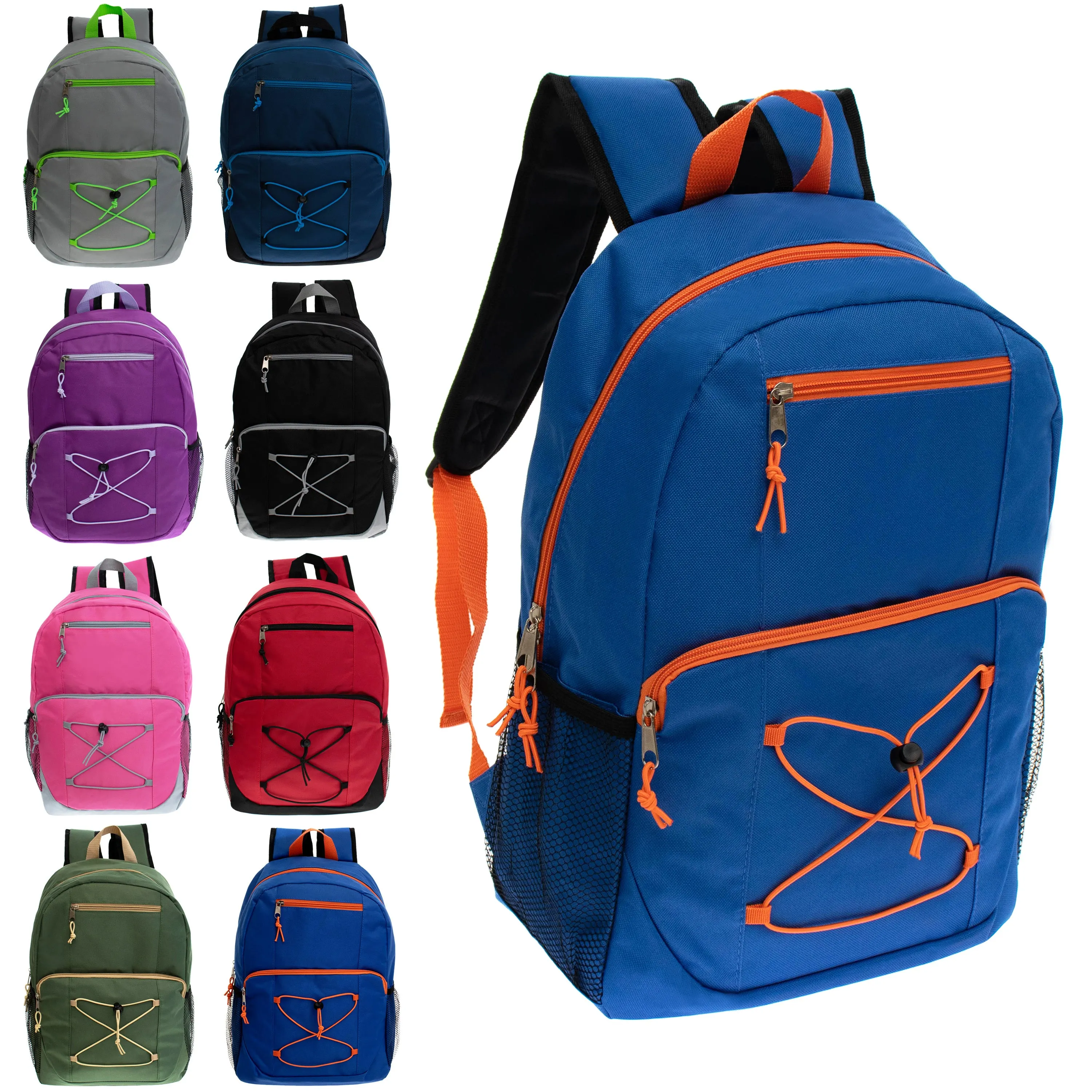 17" Bungee Wholesale Backpack in 8 Assorted Colors - Bulk Case of 24