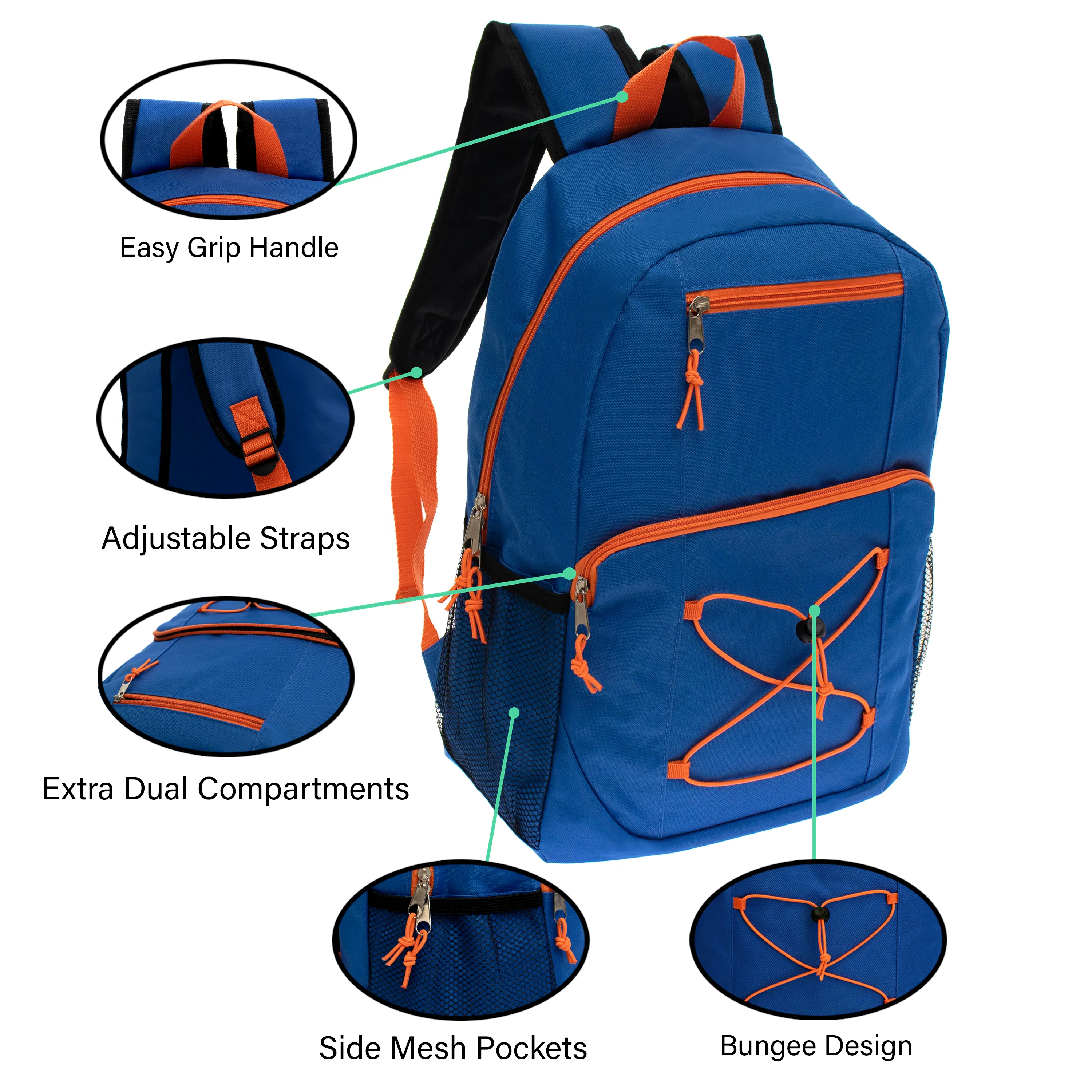 17" Bungee Wholesale Backpack in 8 Assorted Colors - Bulk Case of 24