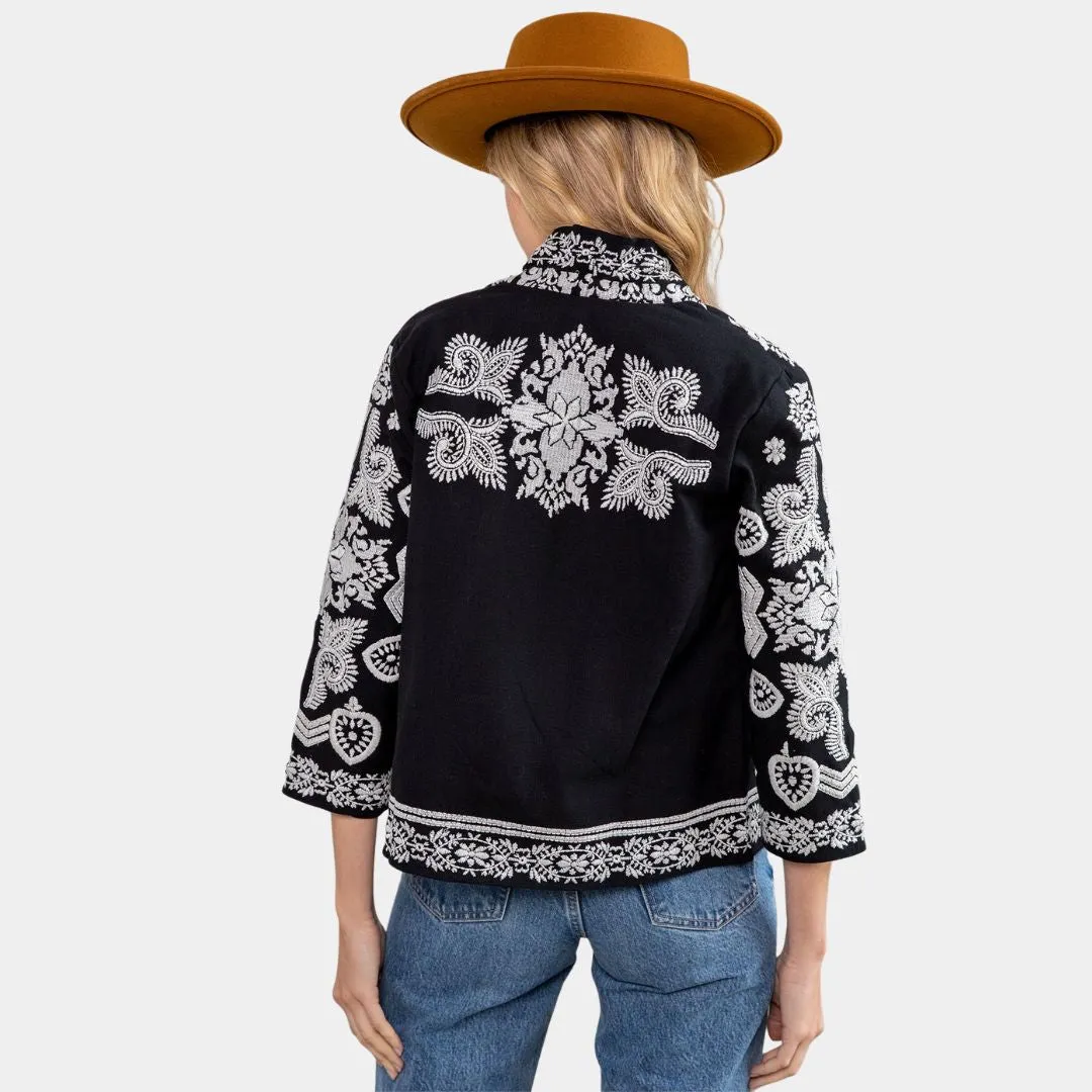 3/4 Sleeve Embroidered Bolero Jacket (Black   Off White)