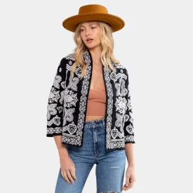 3/4 Sleeve Embroidered Bolero Jacket (Black   Off White)