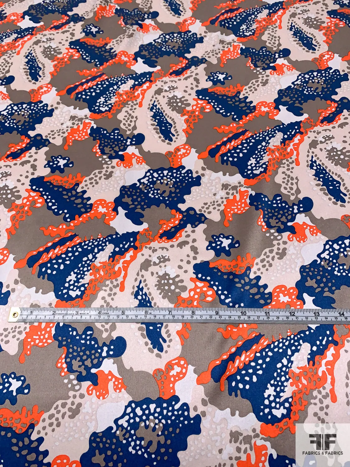 Amoeba Inspired Printed Silk Charmeuse - Navy / Orange / Clay Grey