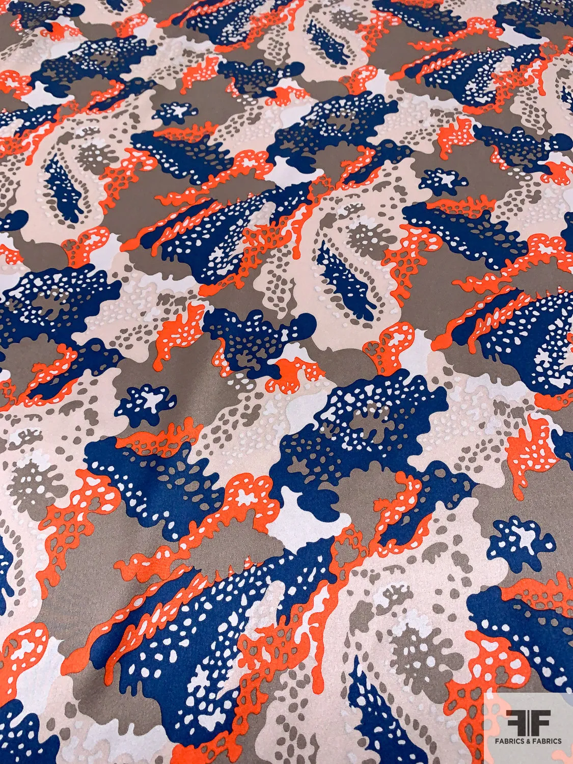 Amoeba Inspired Printed Silk Charmeuse - Navy / Orange / Clay Grey