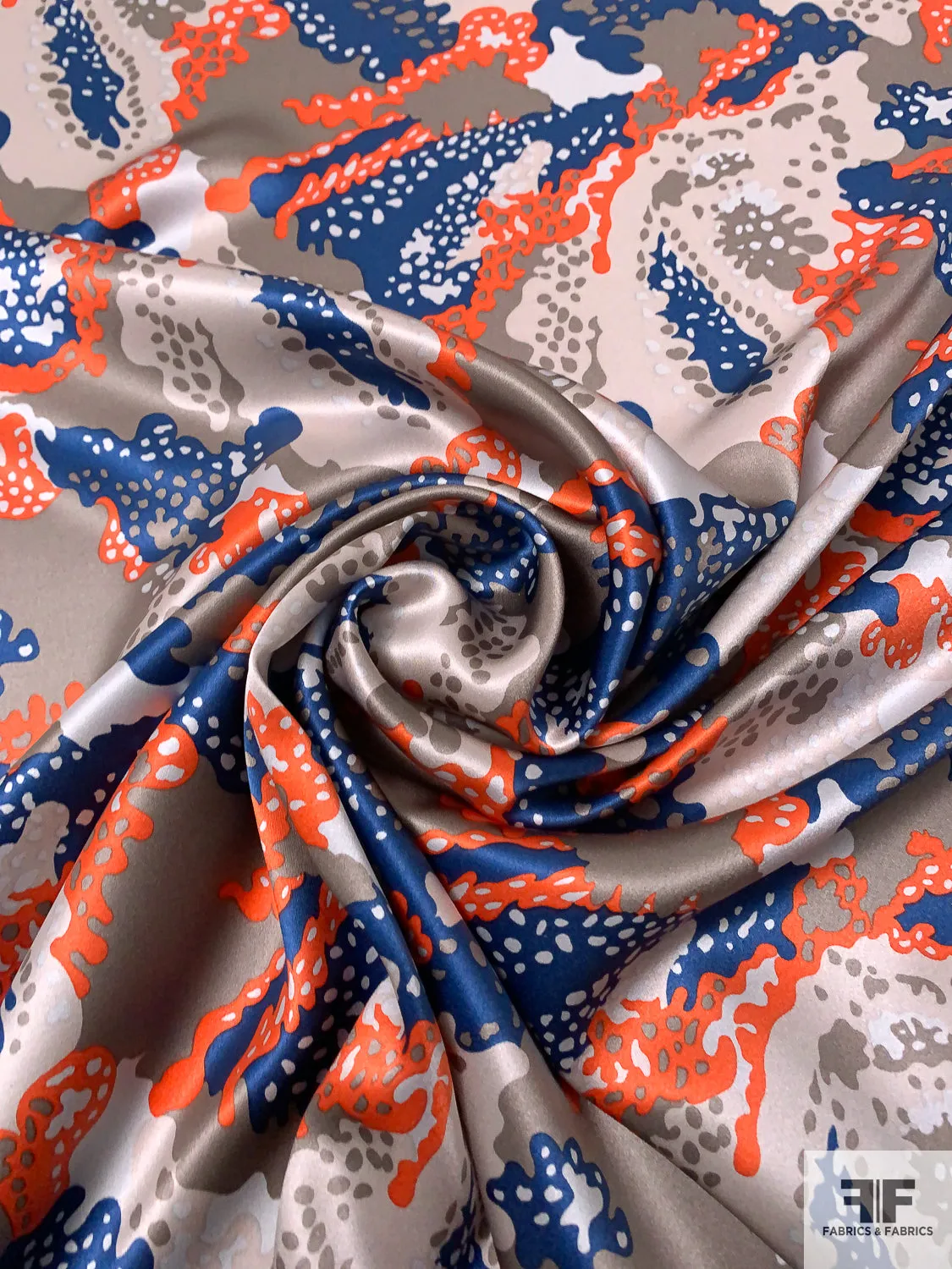 Amoeba Inspired Printed Silk Charmeuse - Navy / Orange / Clay Grey