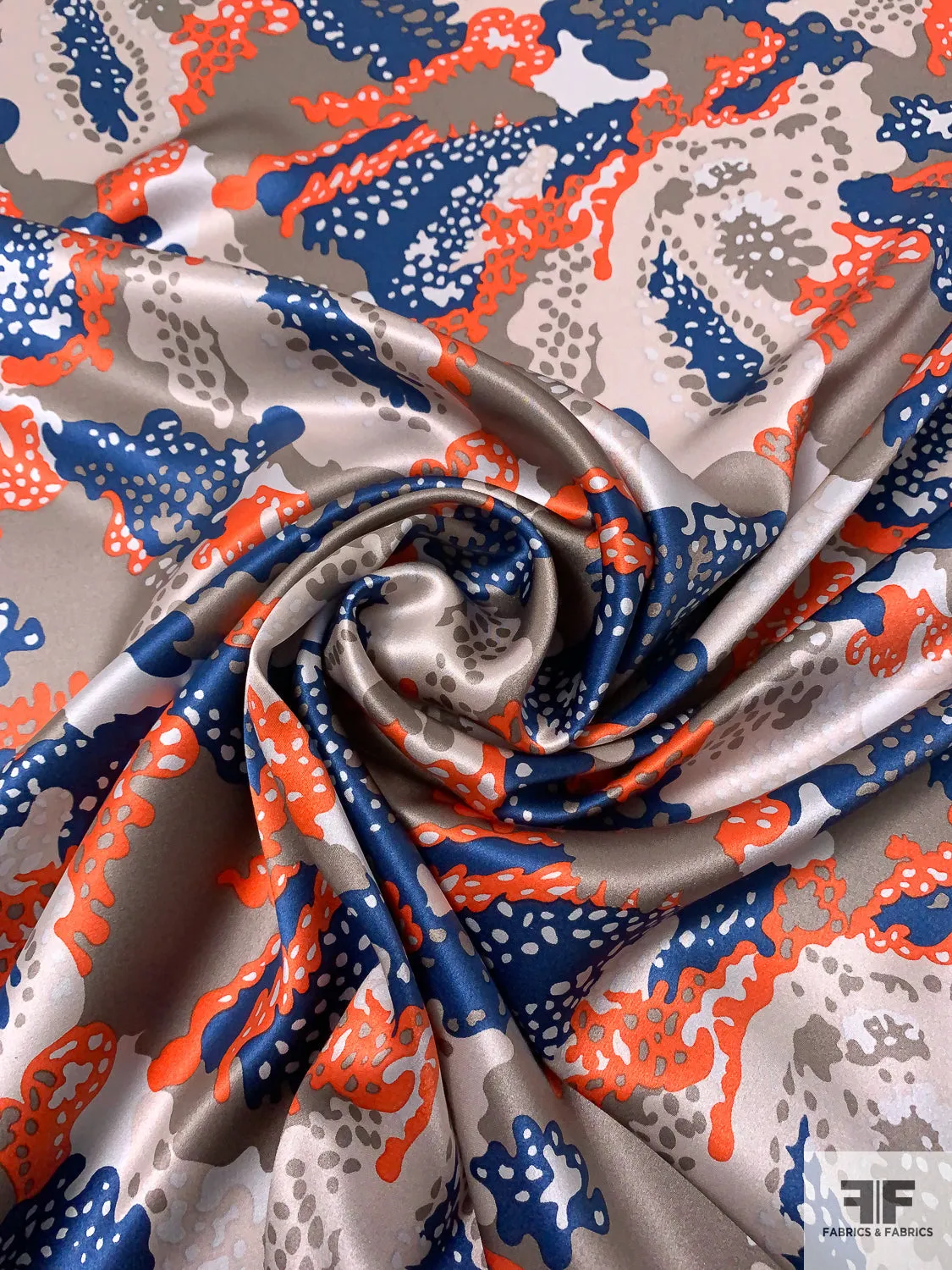 Amoeba Inspired Printed Silk Charmeuse - Navy / Orange / Clay Grey