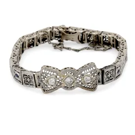 Art Deco Diamond Sapphire 14K White Gold Filigree Bracelet