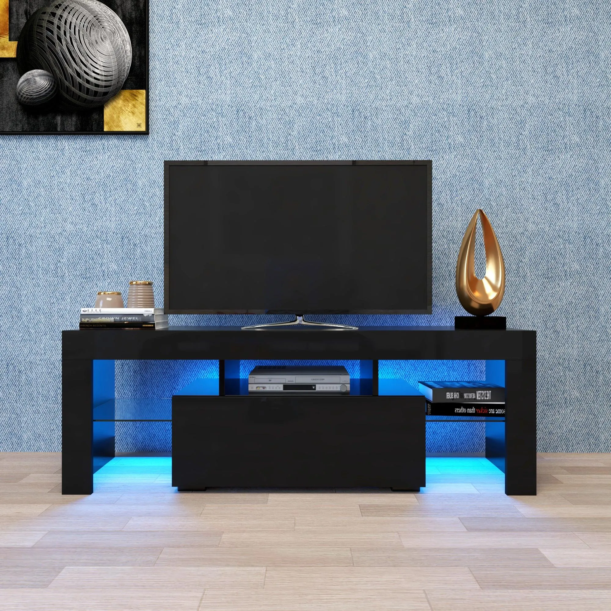 Black TV Stand with LED RGB Lights, Flat Screen Cabinet