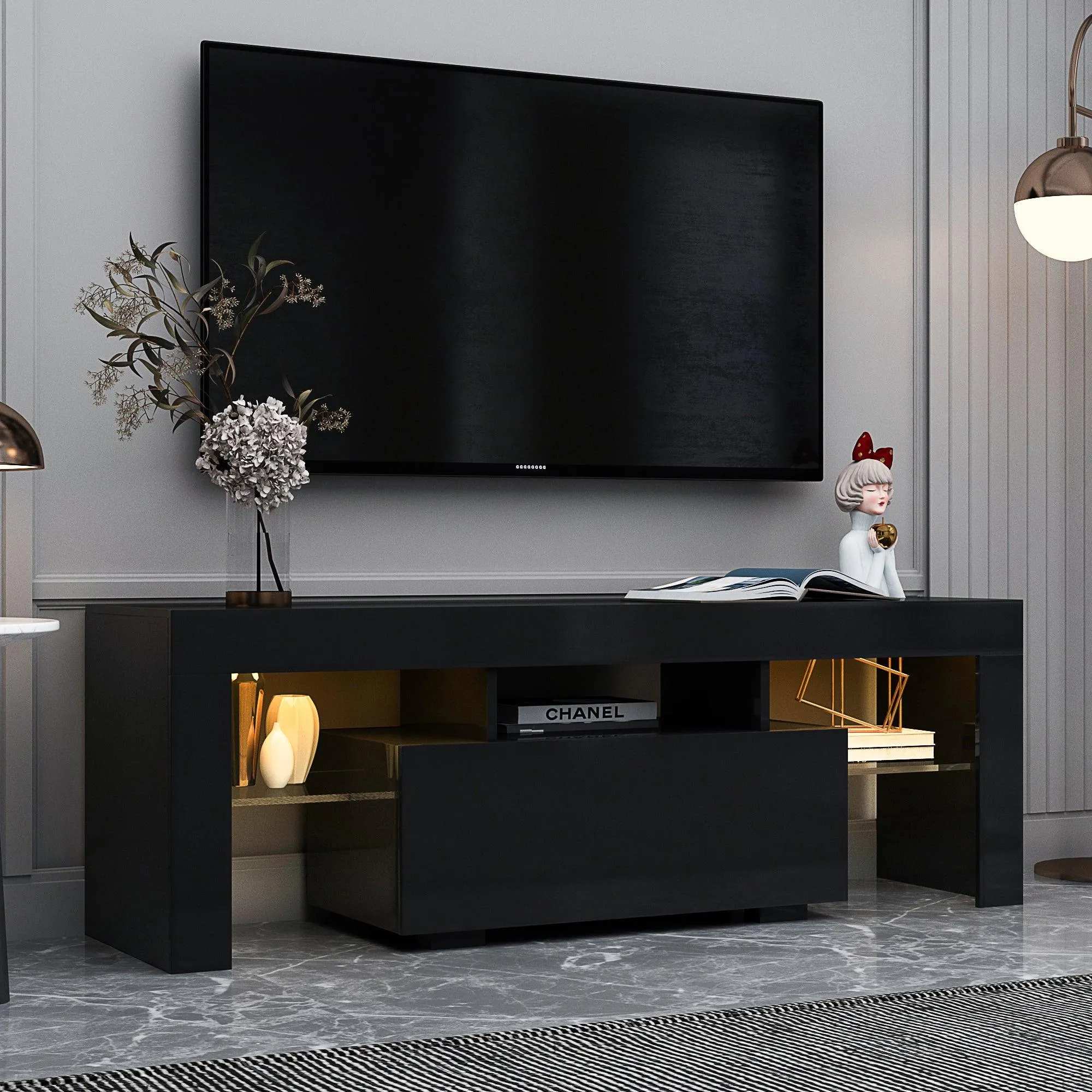 Black TV Stand with LED RGB Lights, Flat Screen Cabinet