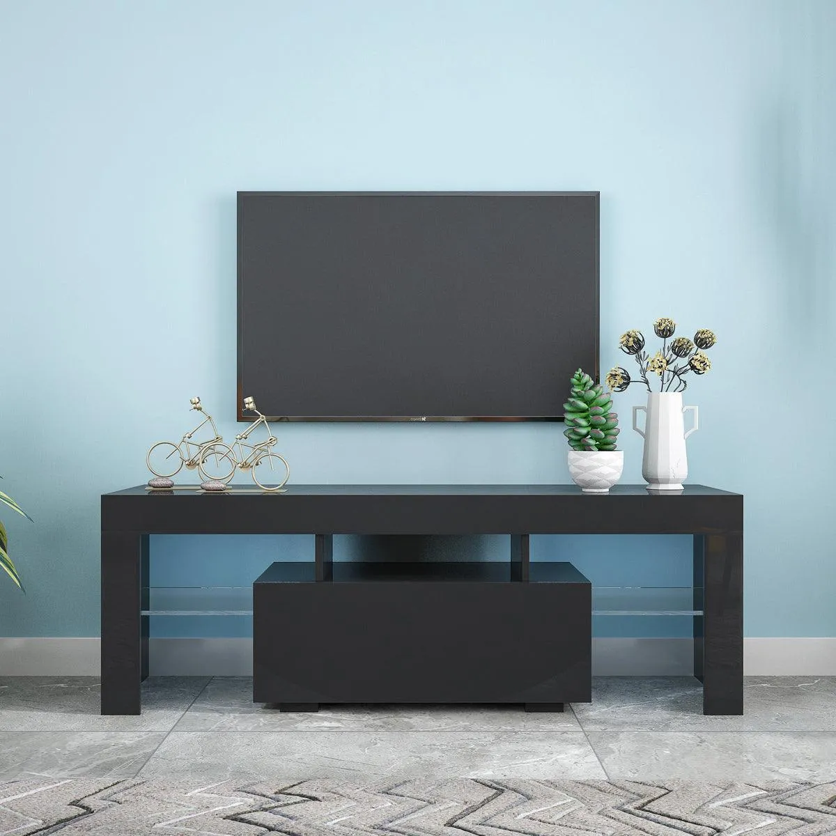 Black TV Stand with LED RGB Lights, Flat Screen Cabinet