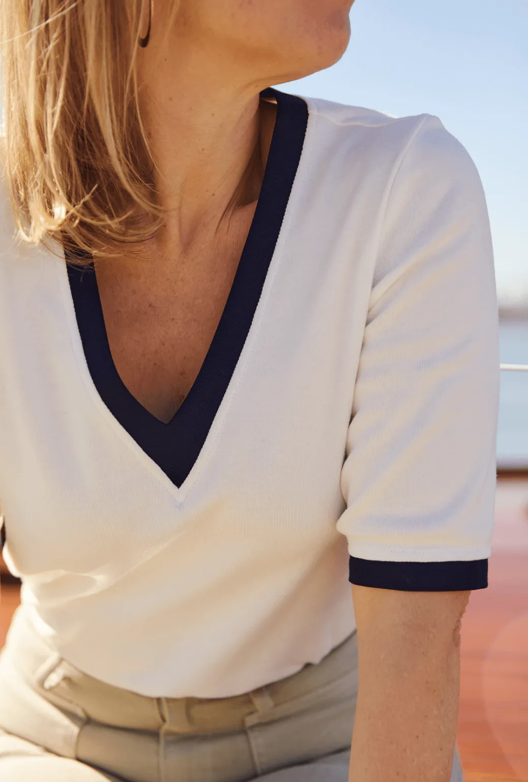 Buru x Jaimie Dewberry Contrast Tee - Ivory & Navy Linen