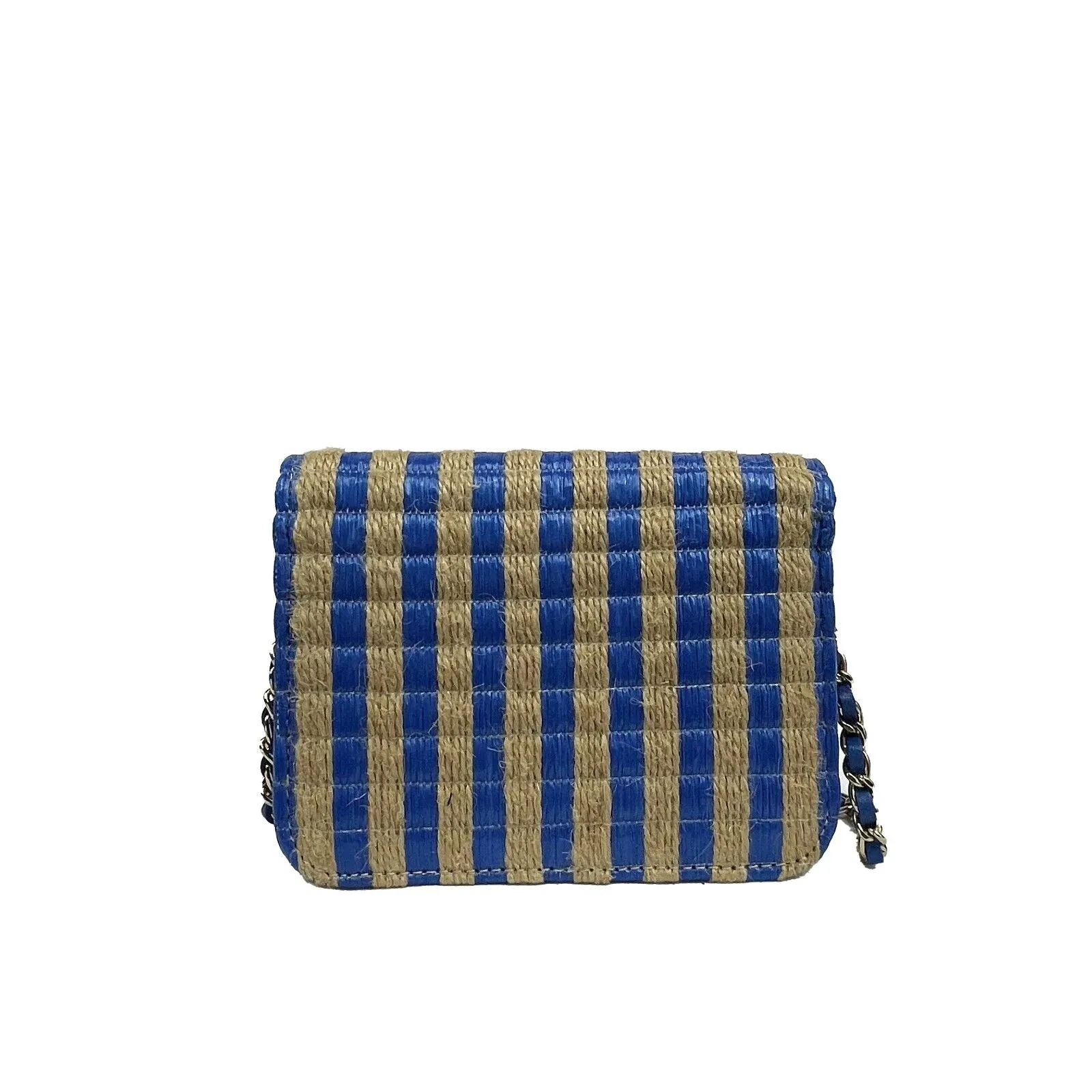 CHANEL - 2021 Raffia Jute Striped Belt Bag - Blue / Beige / Gold Hardware