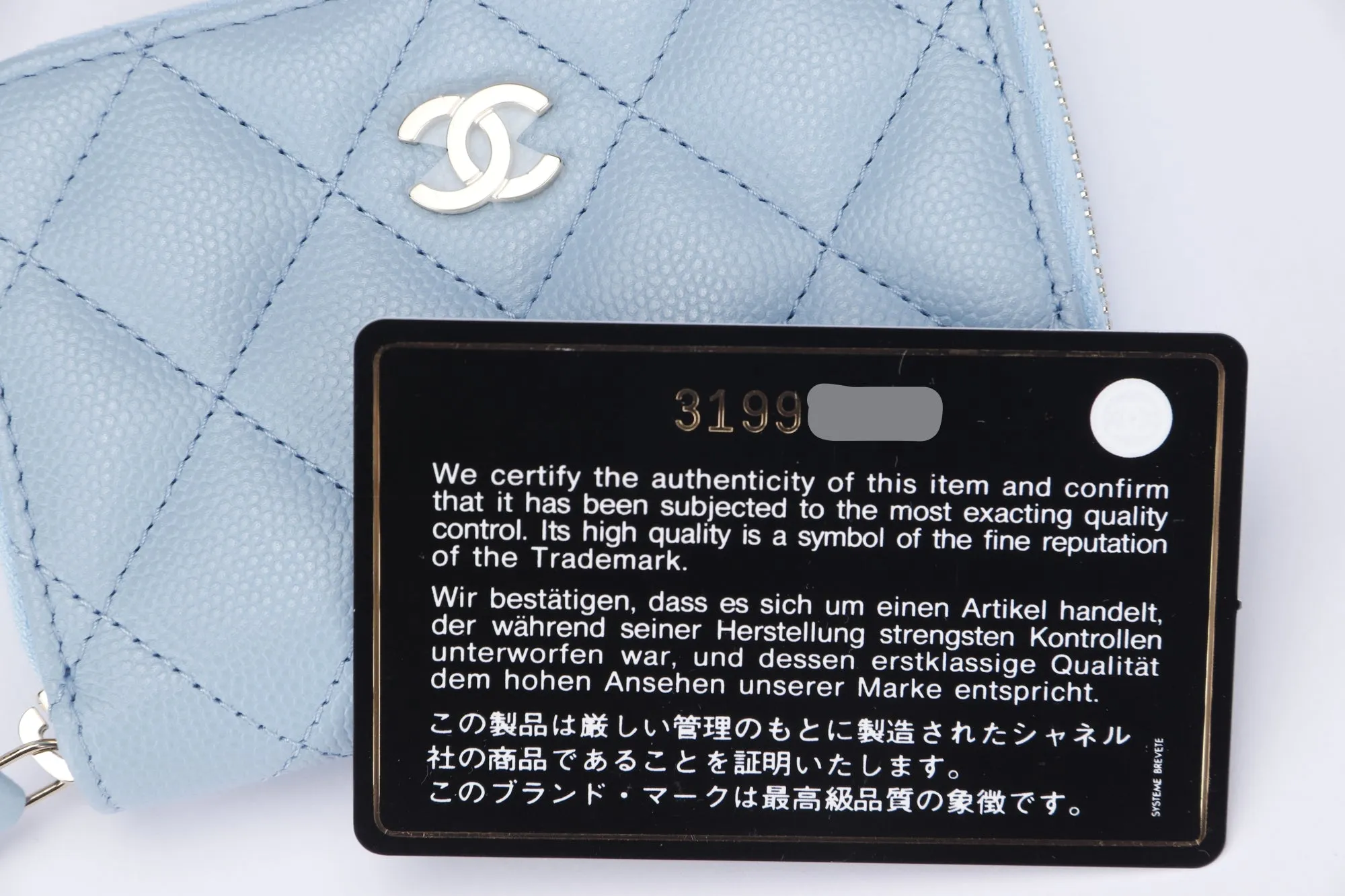 CHANEL BABY BLUE CAVIAR ZIPPY CARD HOLDER (3199XXXX) LIGHT GOLD HARDWARE, WITH CARD, DUST COVER & BOX