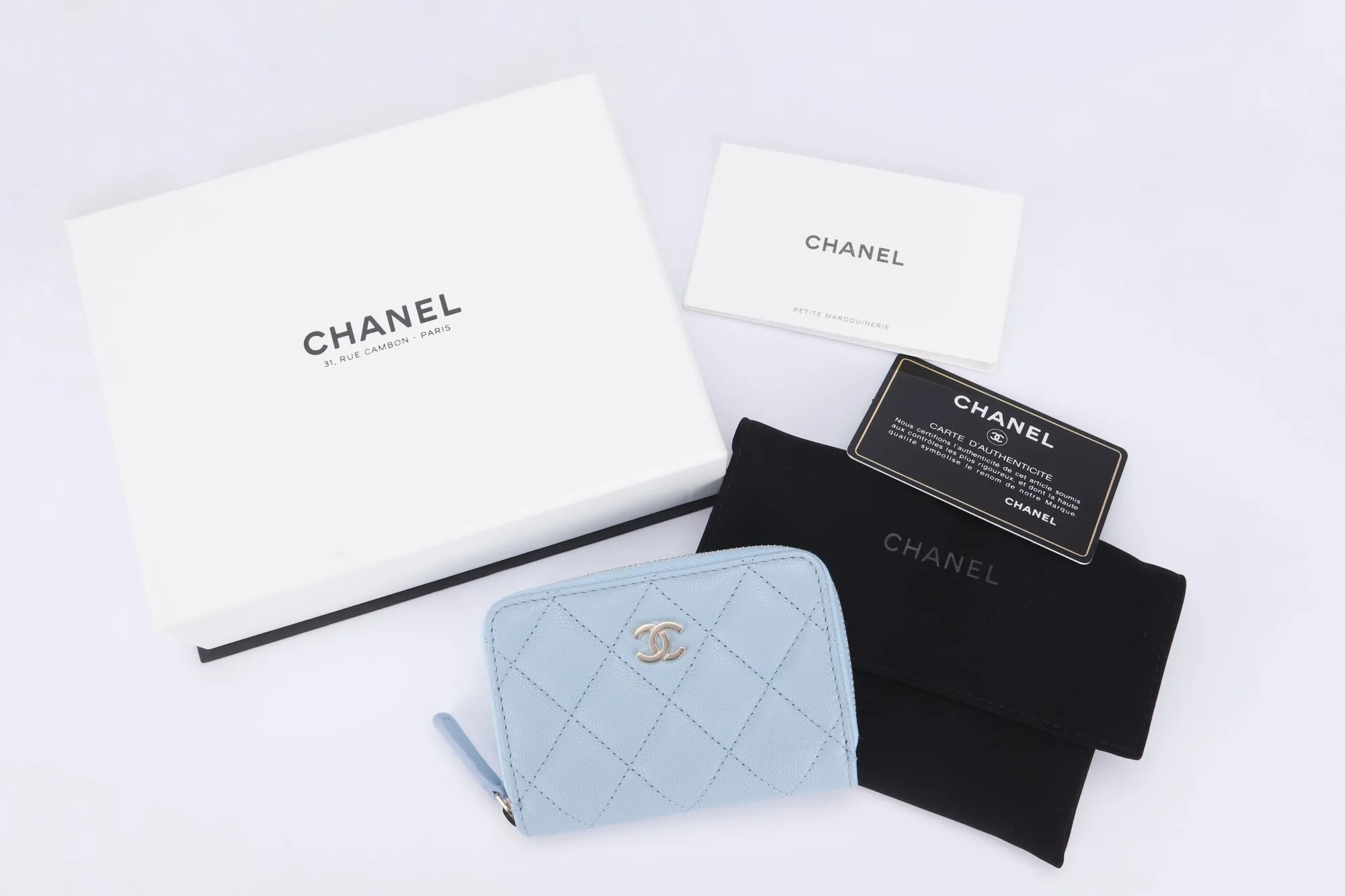 CHANEL BABY BLUE CAVIAR ZIPPY CARD HOLDER (3199XXXX) LIGHT GOLD HARDWARE, WITH CARD, DUST COVER & BOX