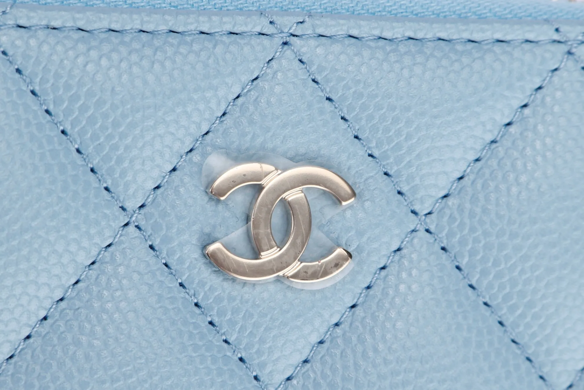 CHANEL BABY BLUE CAVIAR ZIPPY CARD HOLDER (3199XXXX) LIGHT GOLD HARDWARE, WITH CARD, DUST COVER & BOX