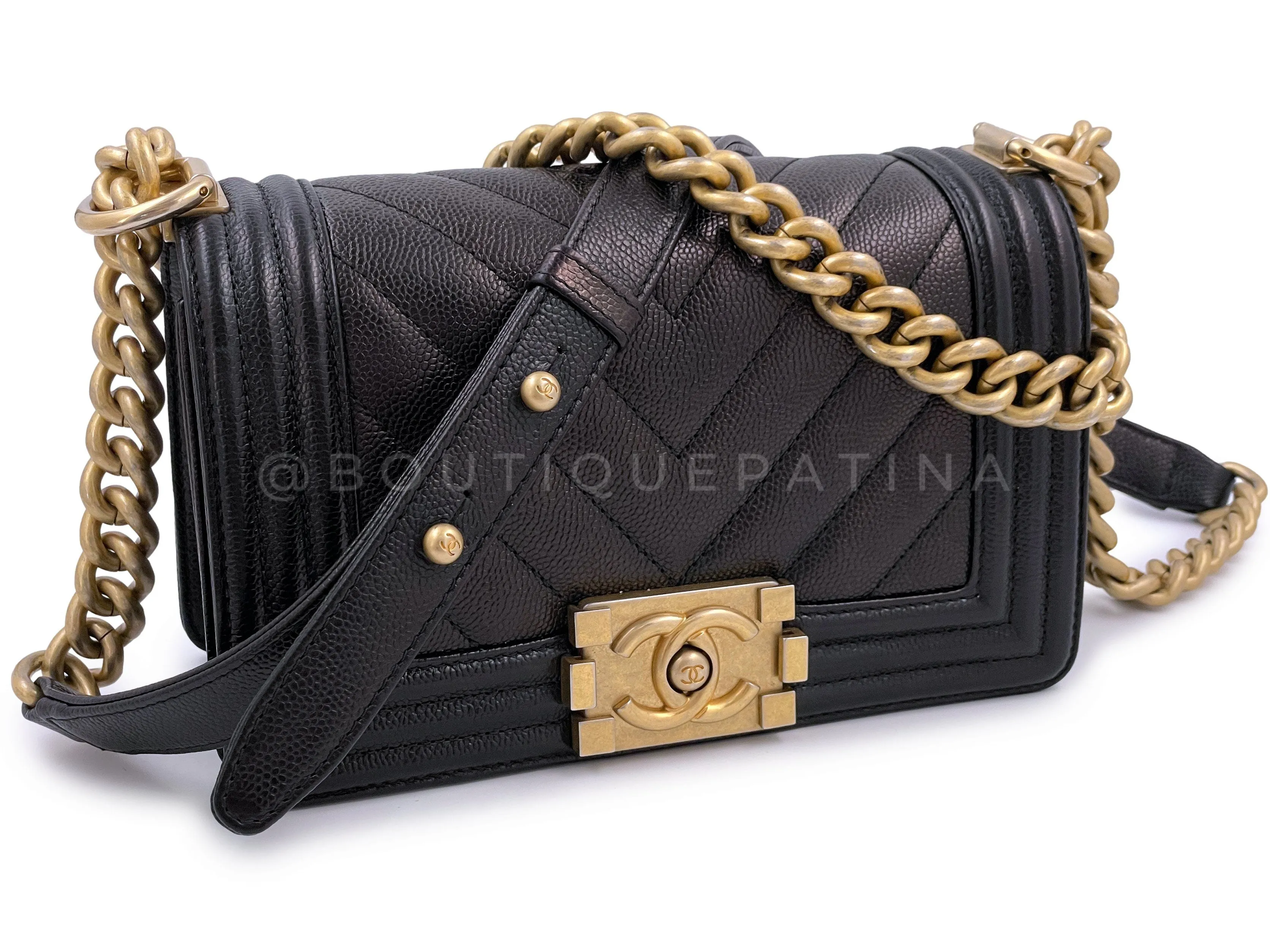 Chanel Black Caviar Chevron Small Boy Flap Bag GHW