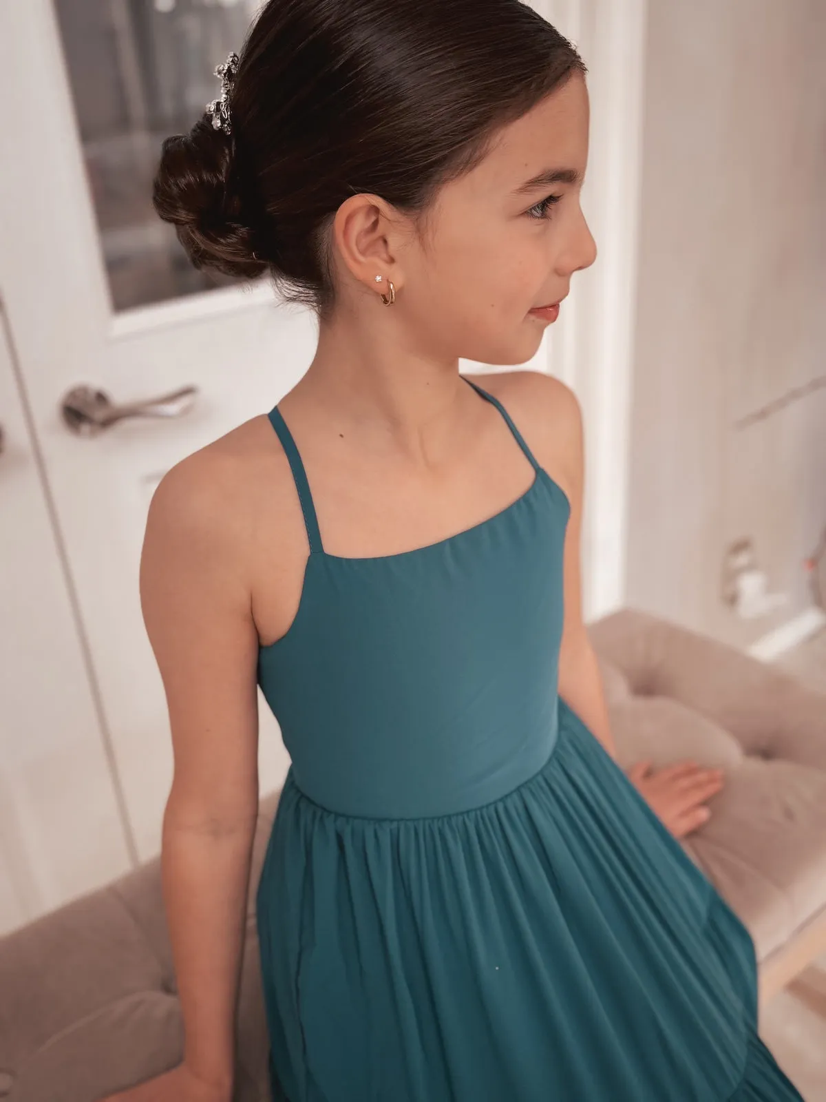 Clara Chiffon Girls Maxi Dress Teal Green