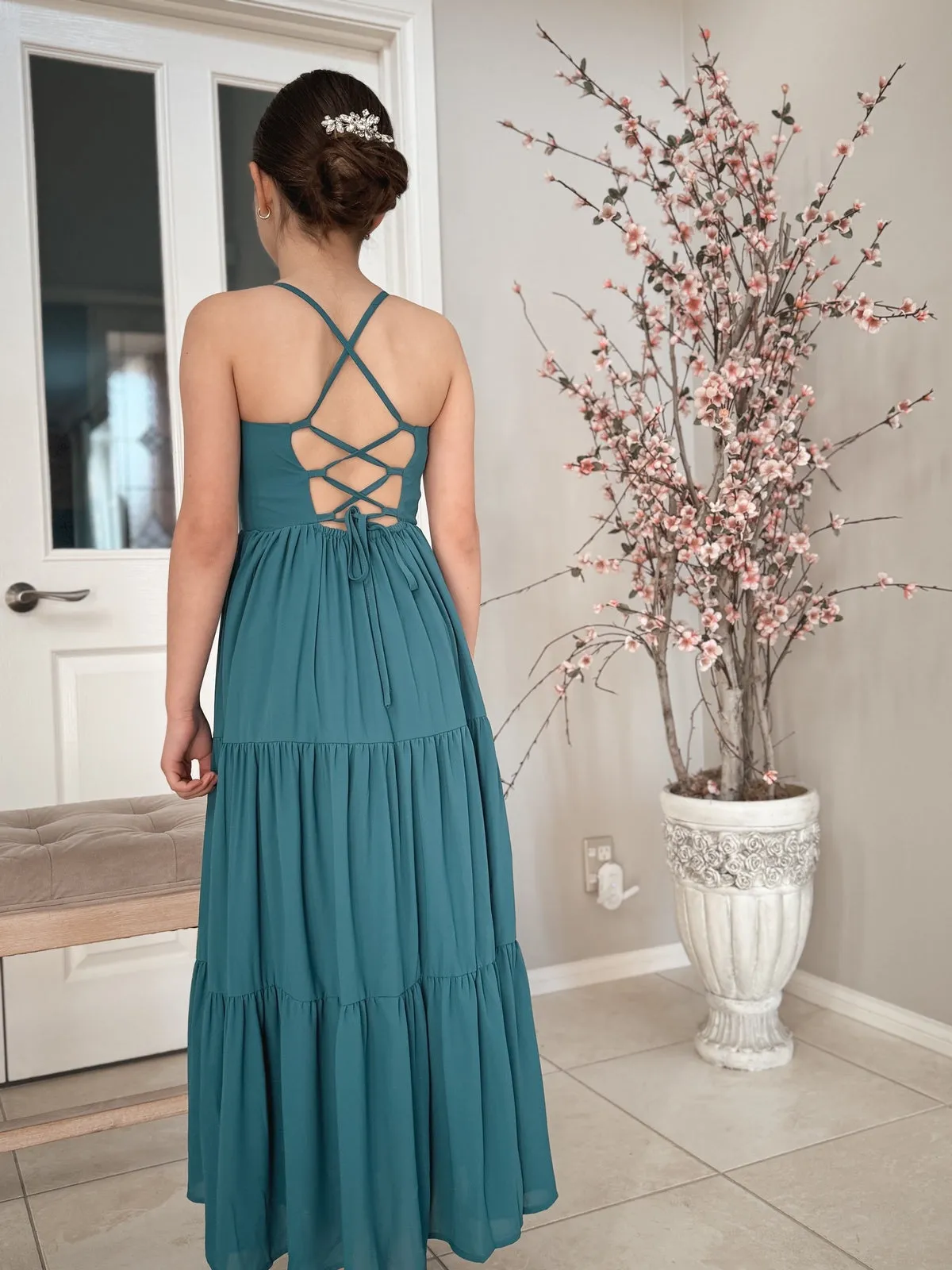 Clara Chiffon Girls Maxi Dress Teal Green