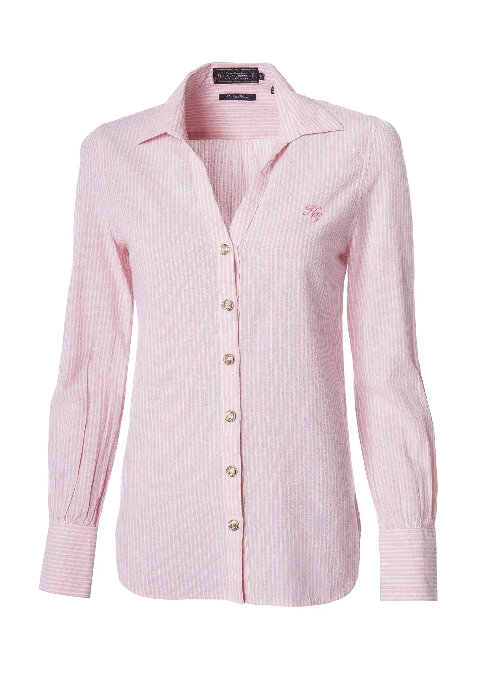 Classic V-Neck Blouse (Pink Stripe)