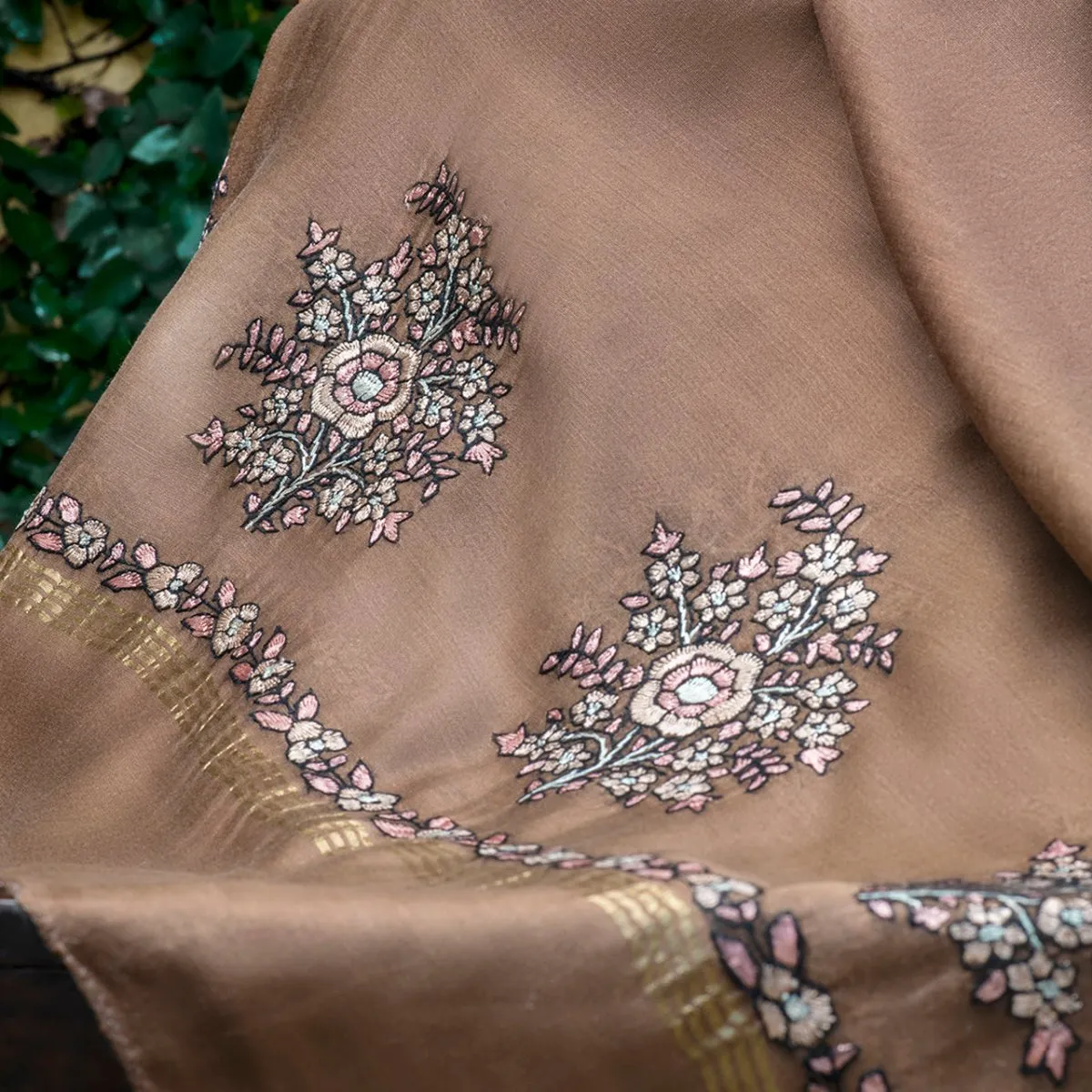 Coffee Brown Hand-Embroidered Kashmir Cotton-Silk Shawl/Dupatta