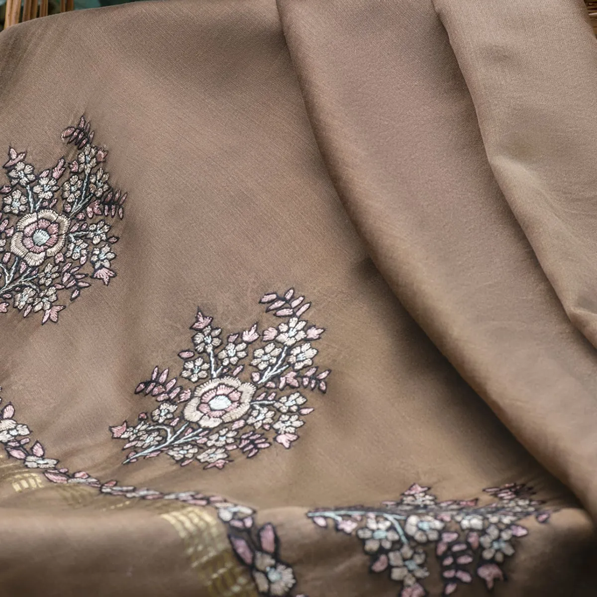 Coffee Brown Hand-Embroidered Kashmir Cotton-Silk Shawl/Dupatta