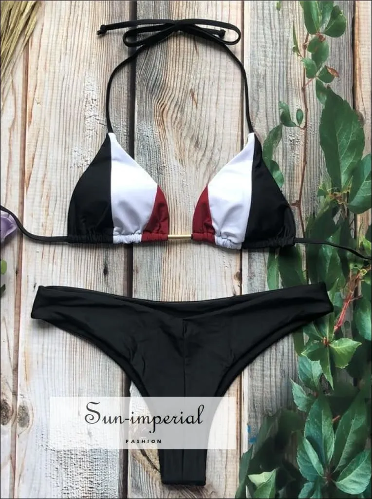 Color Block Navy Black Red White Bikini Set Women’s Swimming Suit Halter Drawstring Bathing Suit