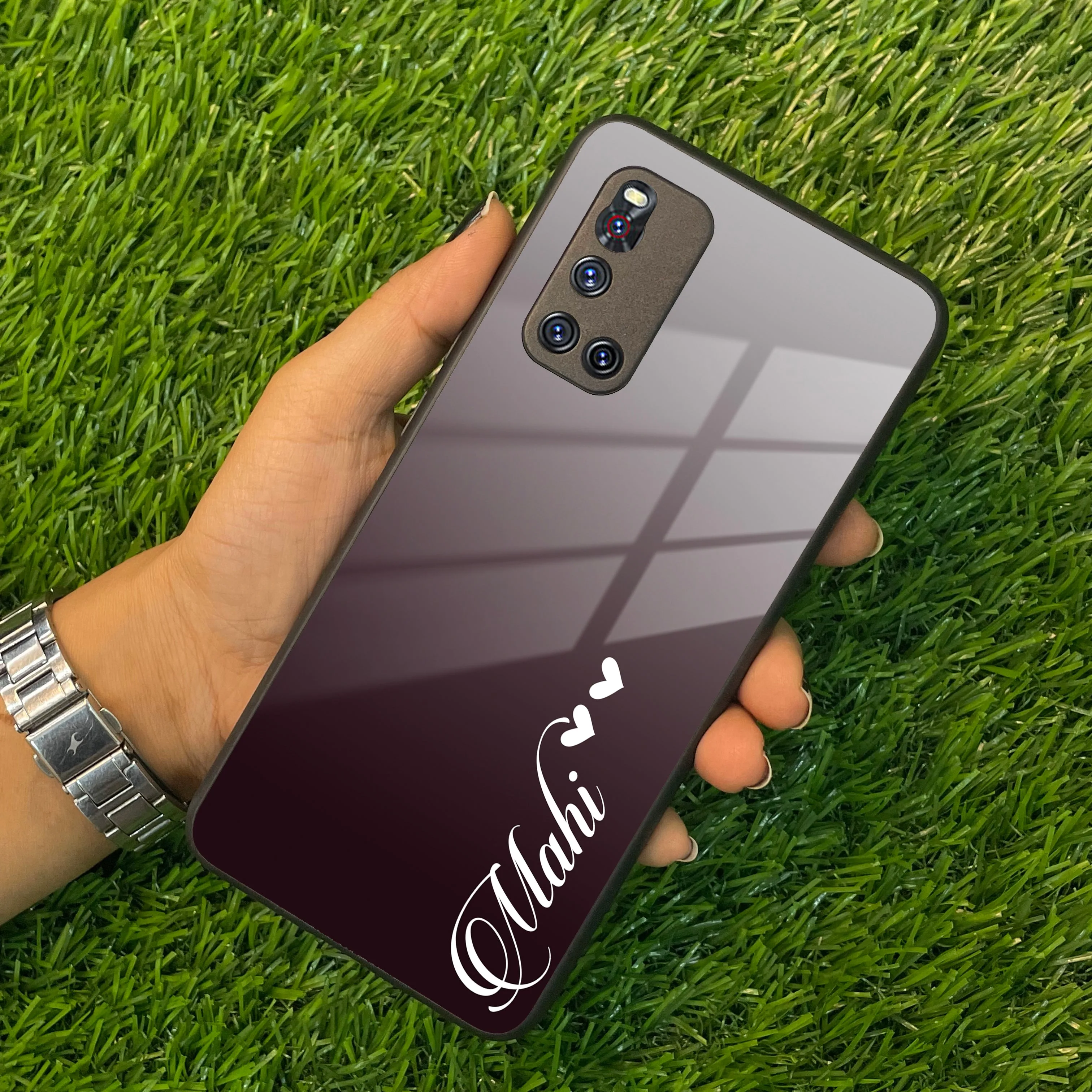 Customize Name Gradient Glass Case Cover Grey For Vivo