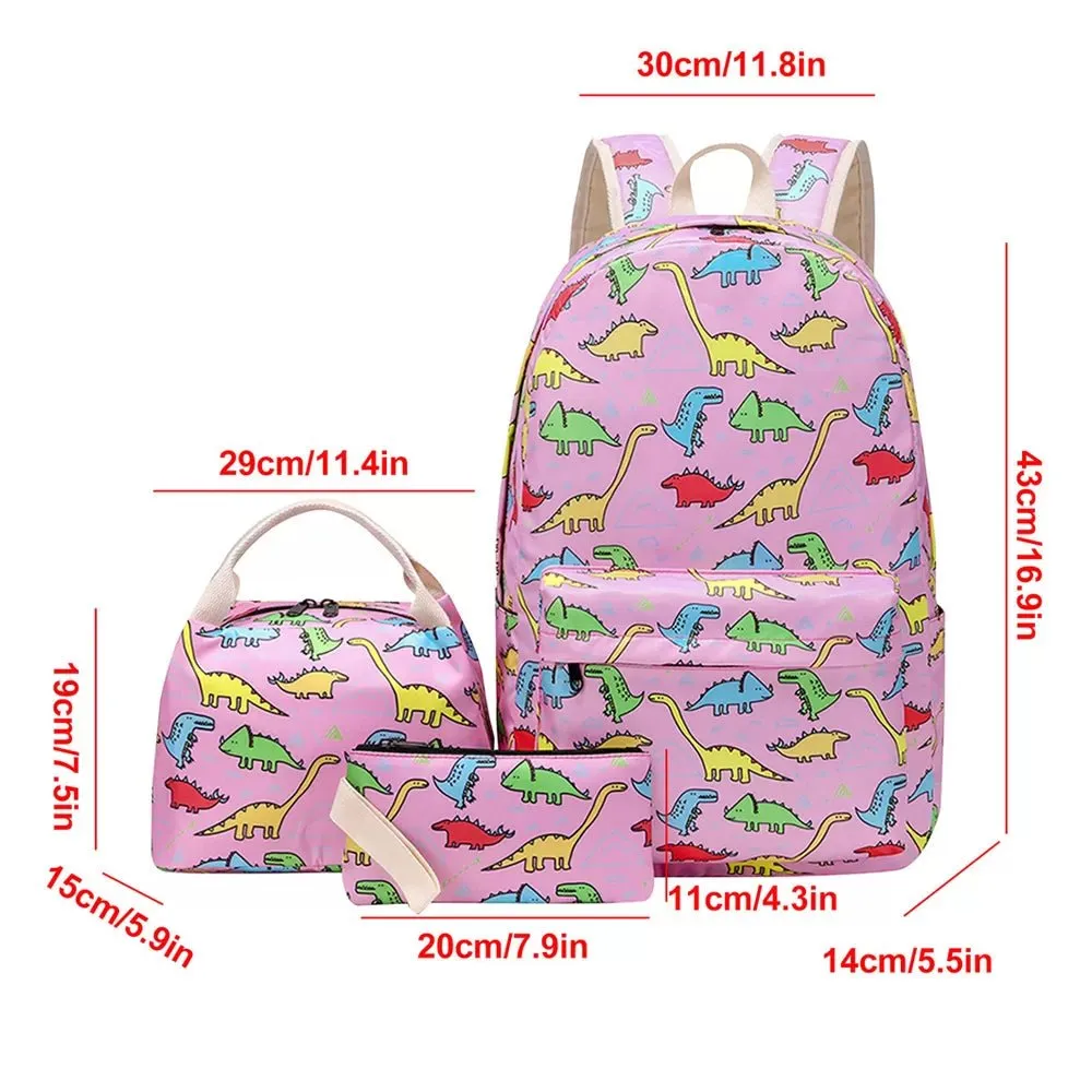 Dino park 3 pcs Matching Backpack with Lunch Bag & Stationery Pouch, Pink