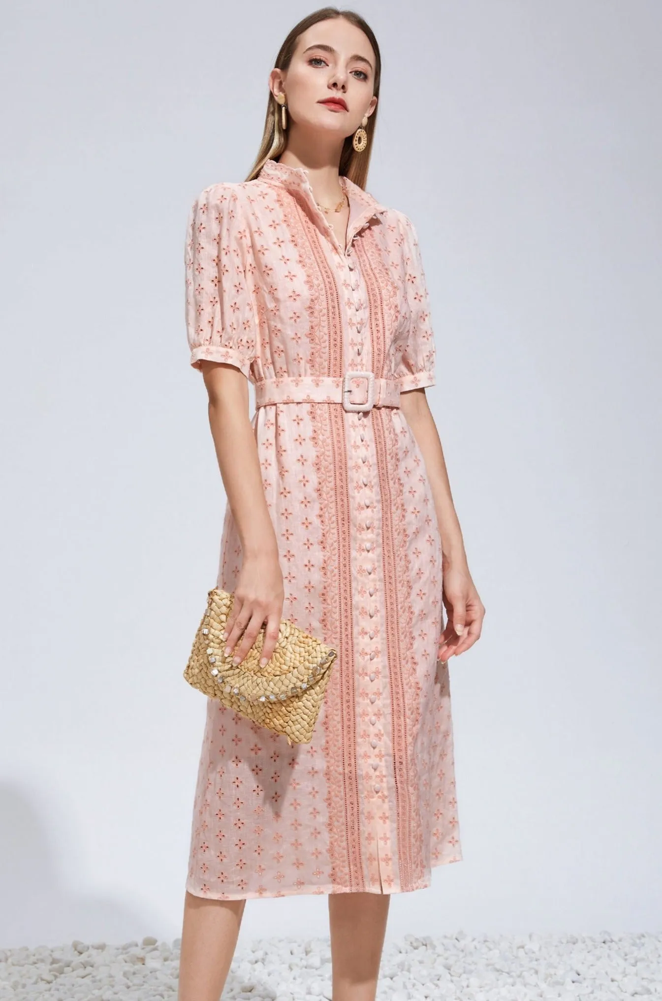 Elle Linen Embroidered Midi Dress - Pink