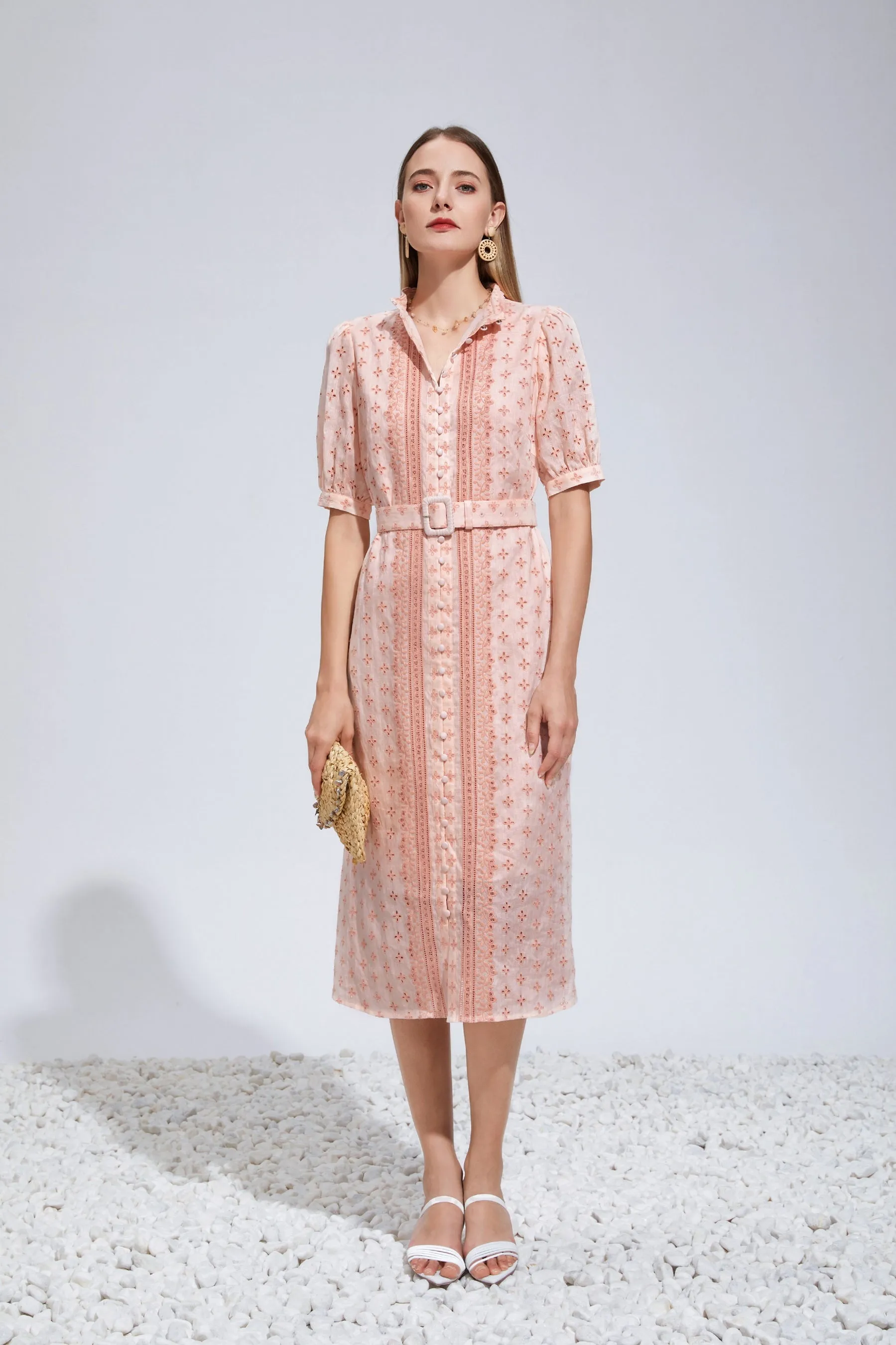 Elle Linen Embroidered Midi Dress - Pink