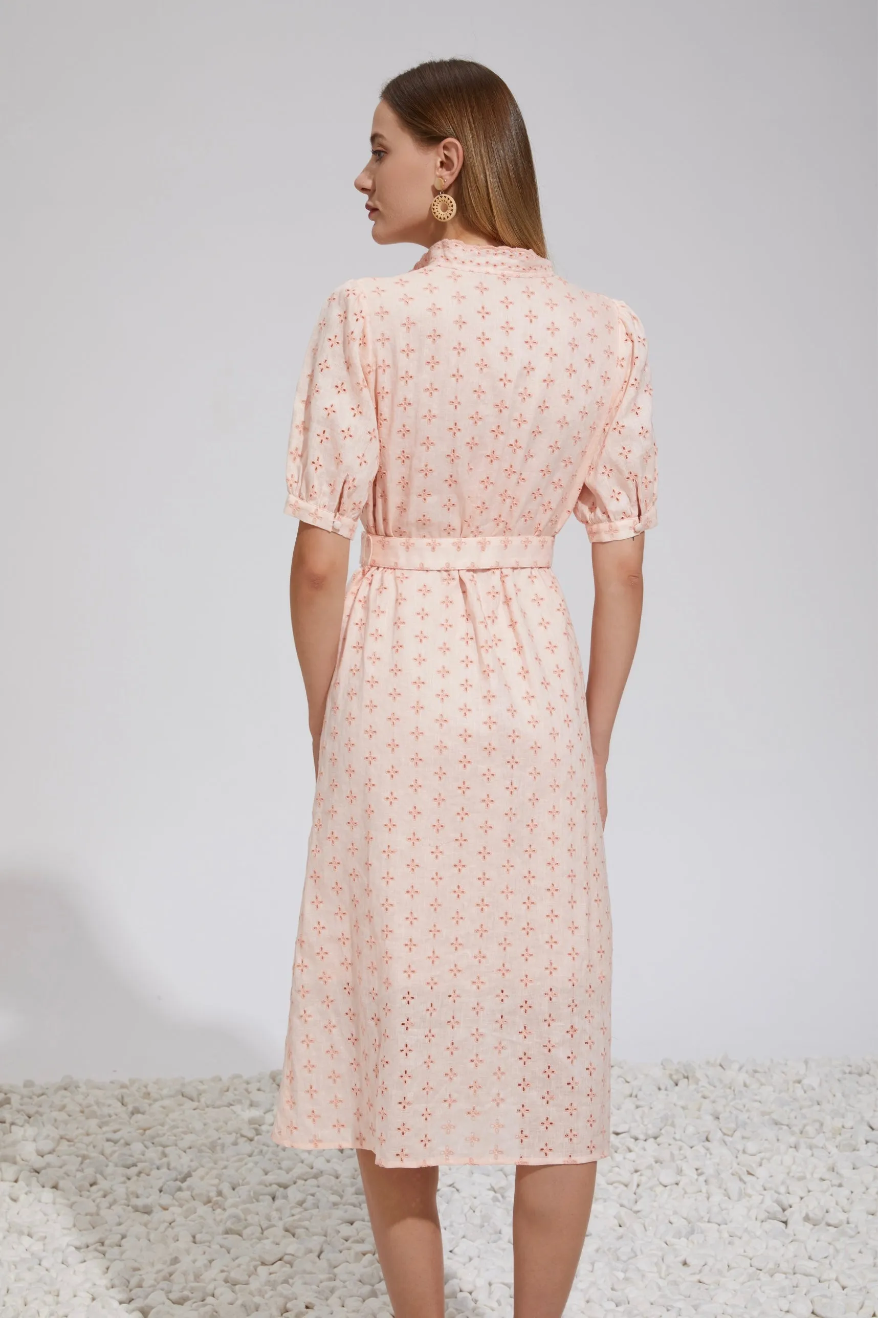 Elle Linen Embroidered Midi Dress - Pink