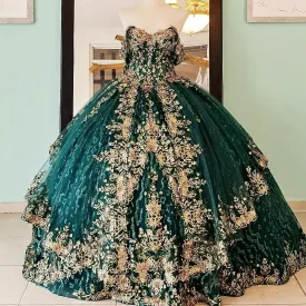 Emerald Green Quinceañera Ball Gown with Gold Applique Bow