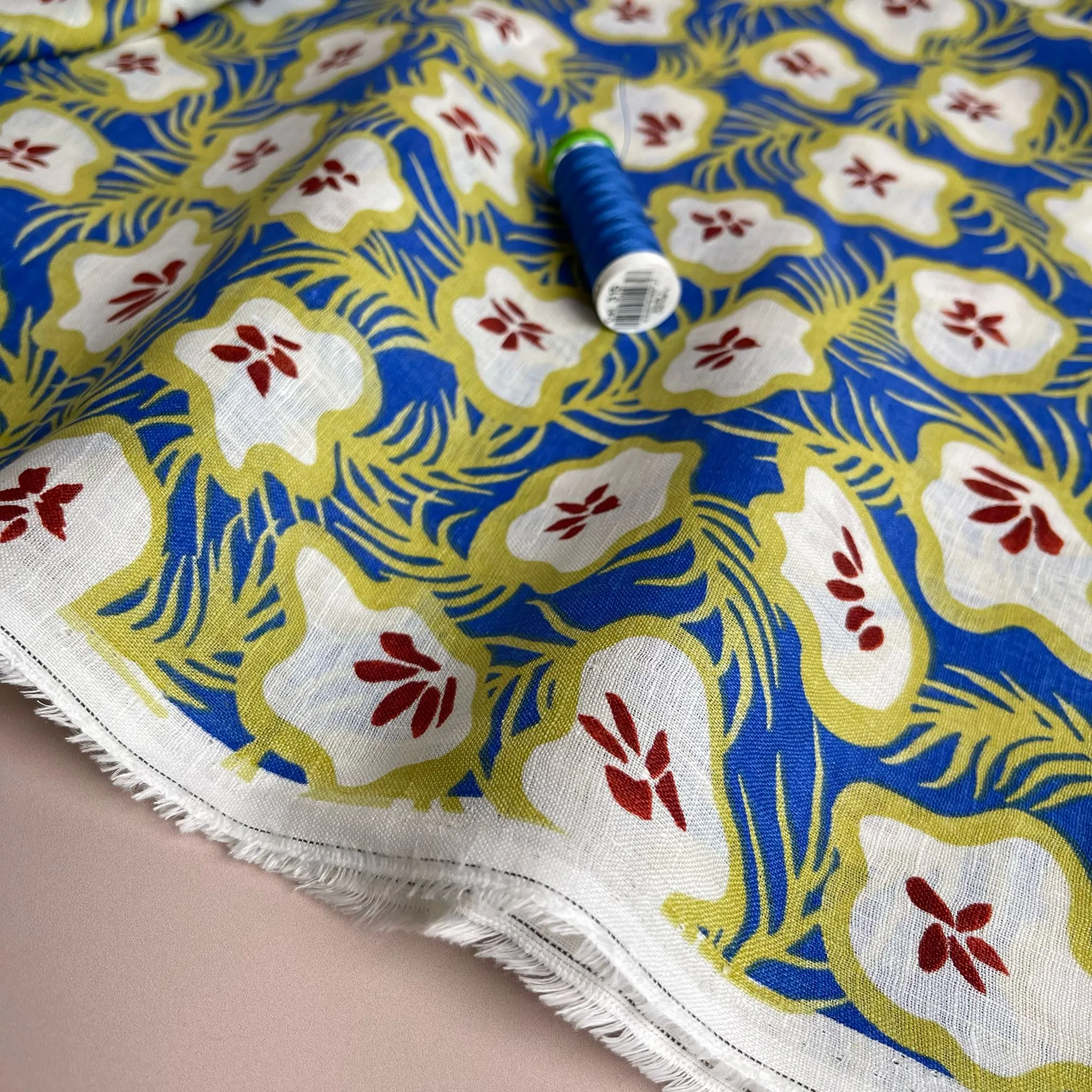 Ex-Designer Deadstock Tropical Fruits on Cobalt Pure Linen Fabric