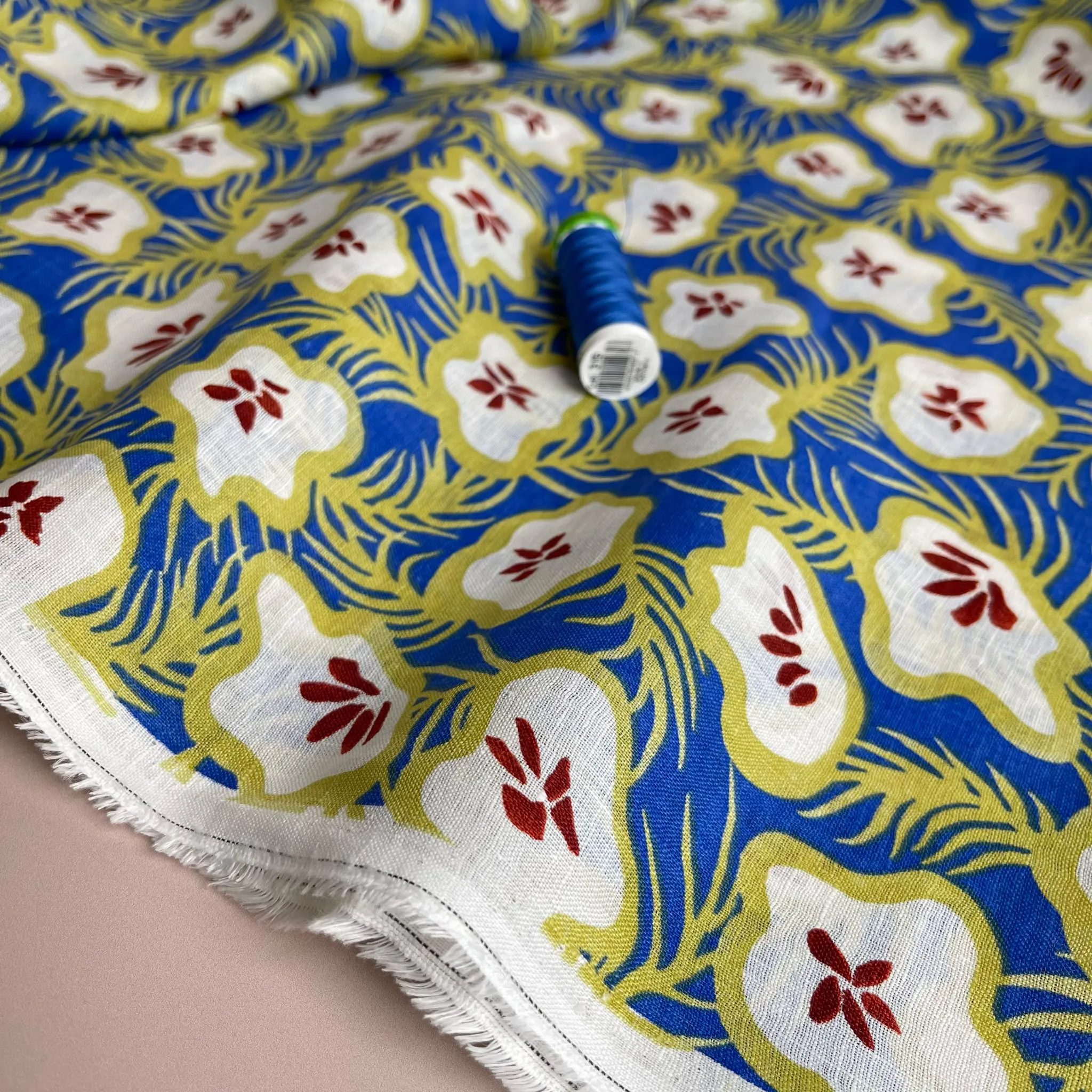 Ex-Designer Deadstock Tropical Fruits on Cobalt Pure Linen Fabric