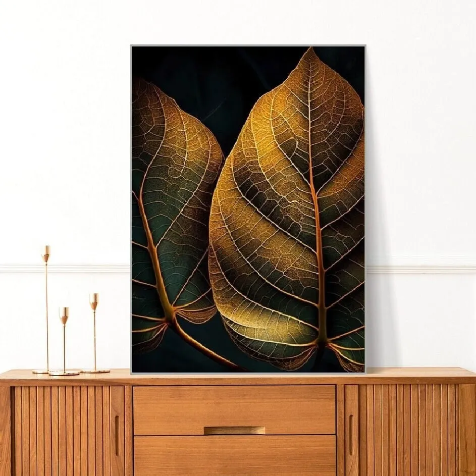 Extra large botanical wall art, printable leaves artwork in floating frame, golden leaf canvas print, dark framed wall art for living room