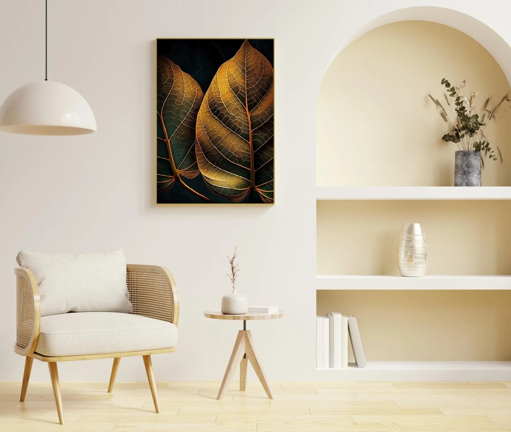 Extra large botanical wall art, printable leaves artwork in floating frame, golden leaf canvas print, dark framed wall art for living room