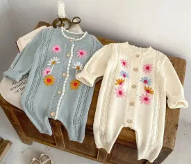 Floral Embroidered Baby Romper in Blue & Apricot - Full Length Knit Sleeve