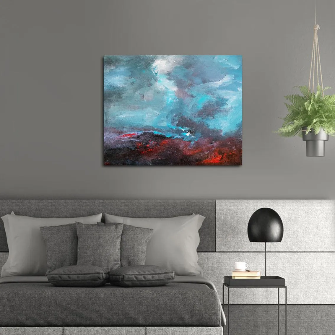 Framed horizontal sky blue & red abstract wall art print