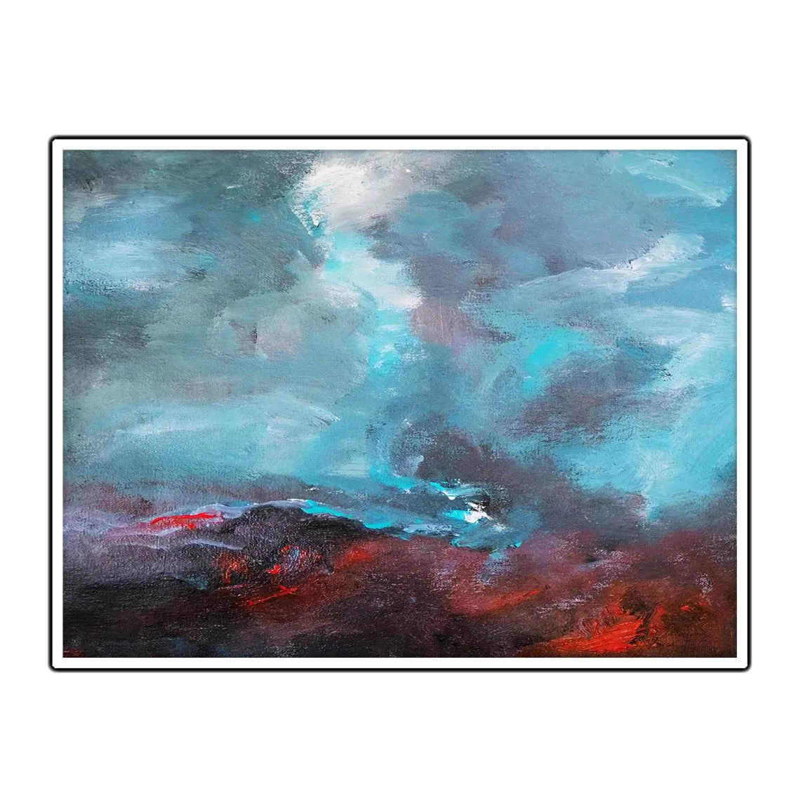 Framed horizontal sky blue & red abstract wall art print