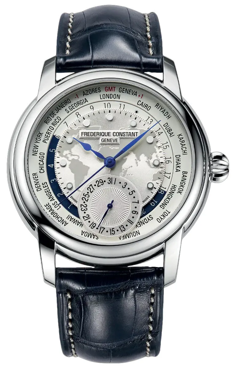 Frederique Constant Classics Worldtimer Manufacture GMT Automatic Stainless Steel Silver Dial Blue Leather Strap Date Mens Watch FC-718WM4H6