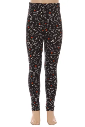 Girls School Printed Leggings, Kids Yoga Pants, Sizes S/L, No-Roll Waist, Black