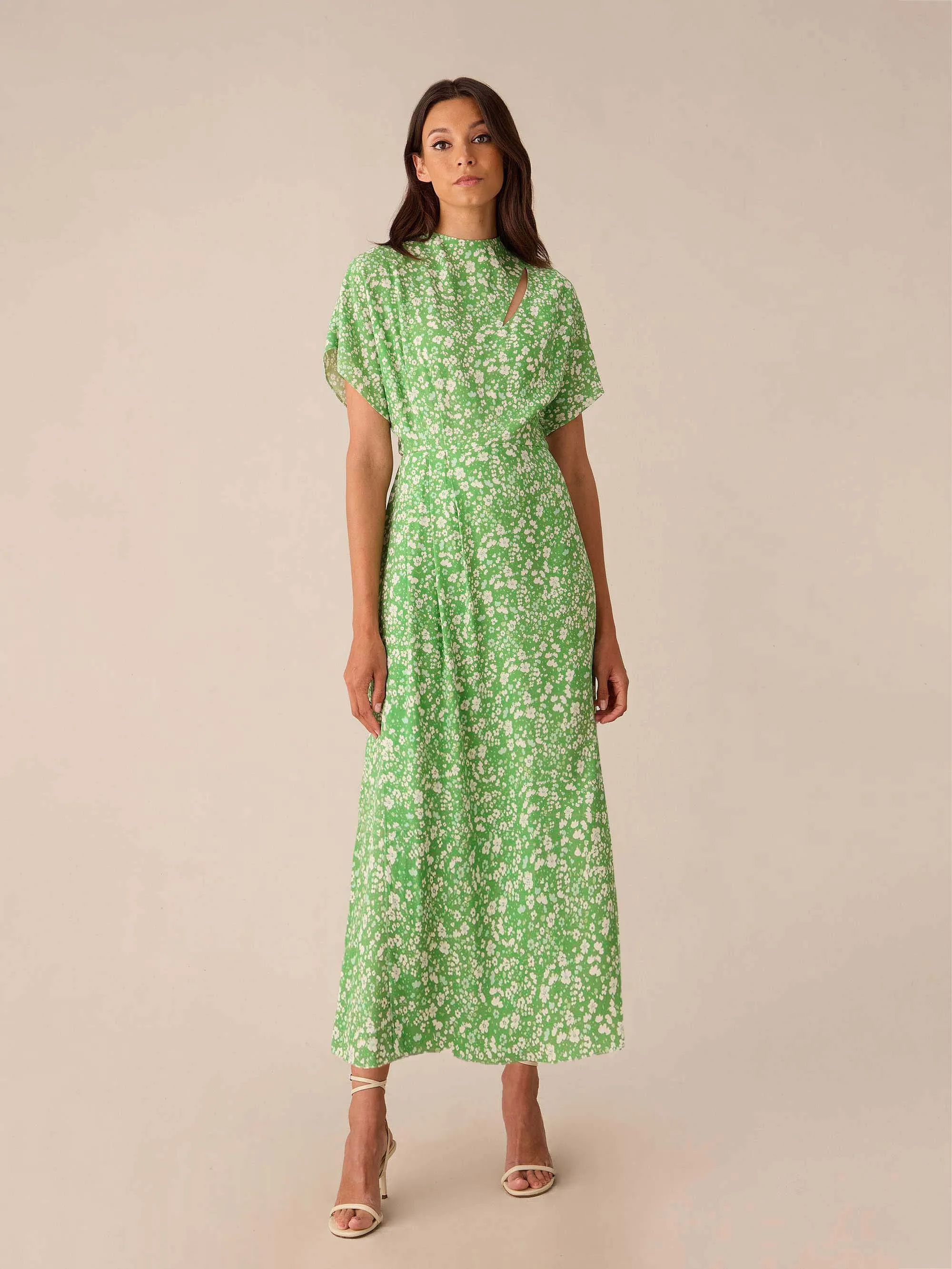 Green Ditsy Print Tuck Waist Midi Dress