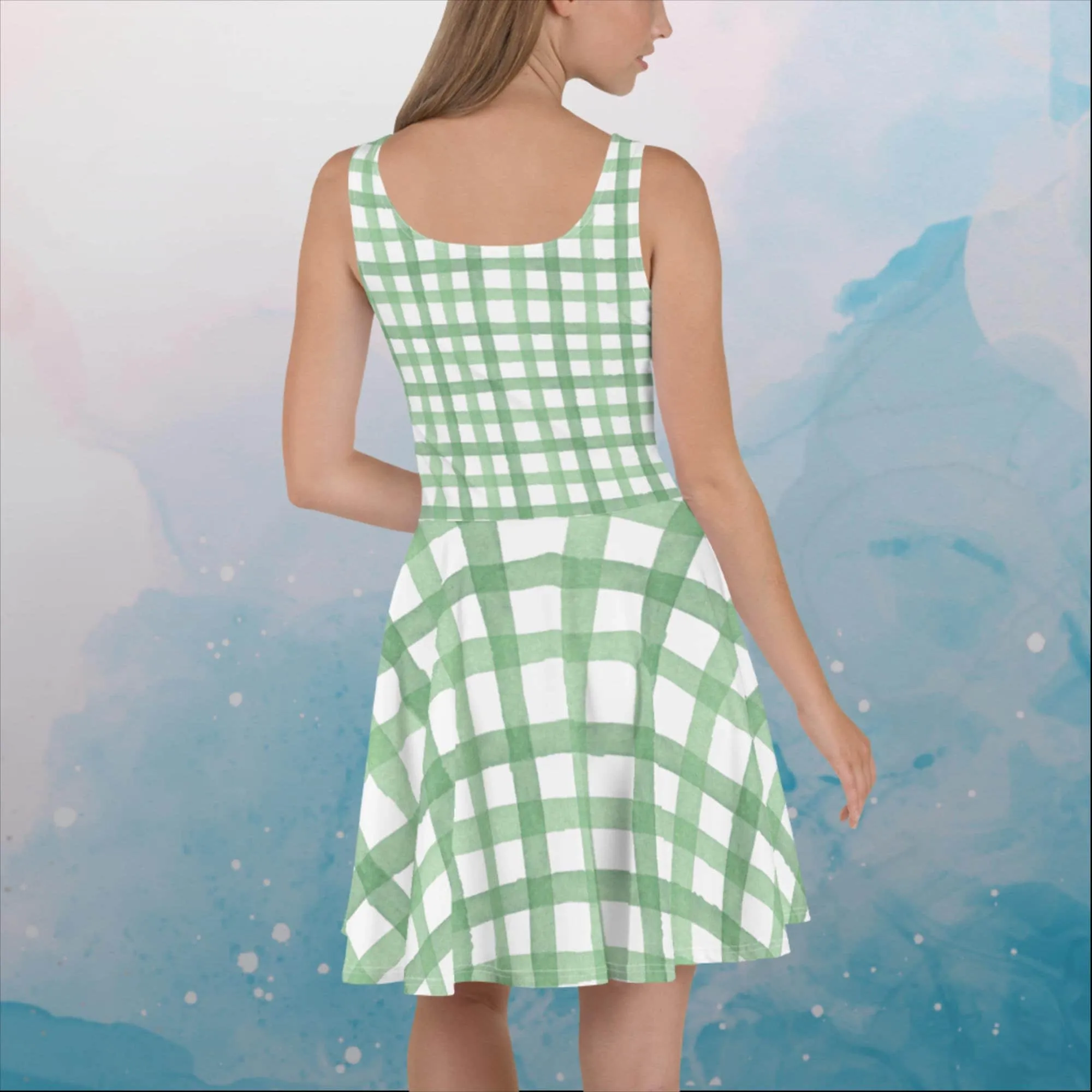 Green Gingham Print Womens Skater Dress