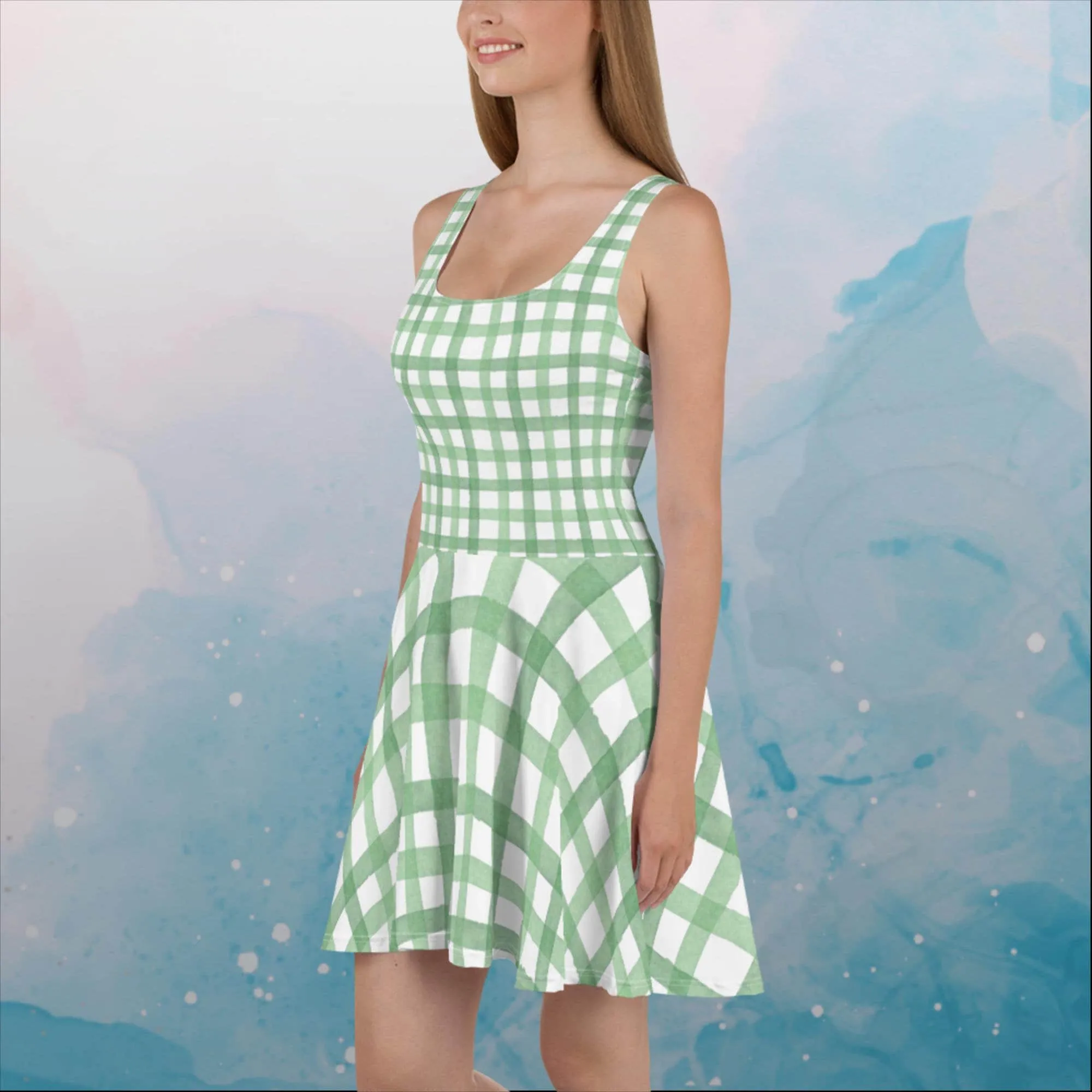 Green Gingham Print Womens Skater Dress