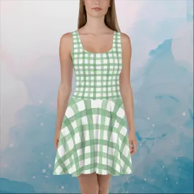 Green Gingham Print Womens Skater Dress