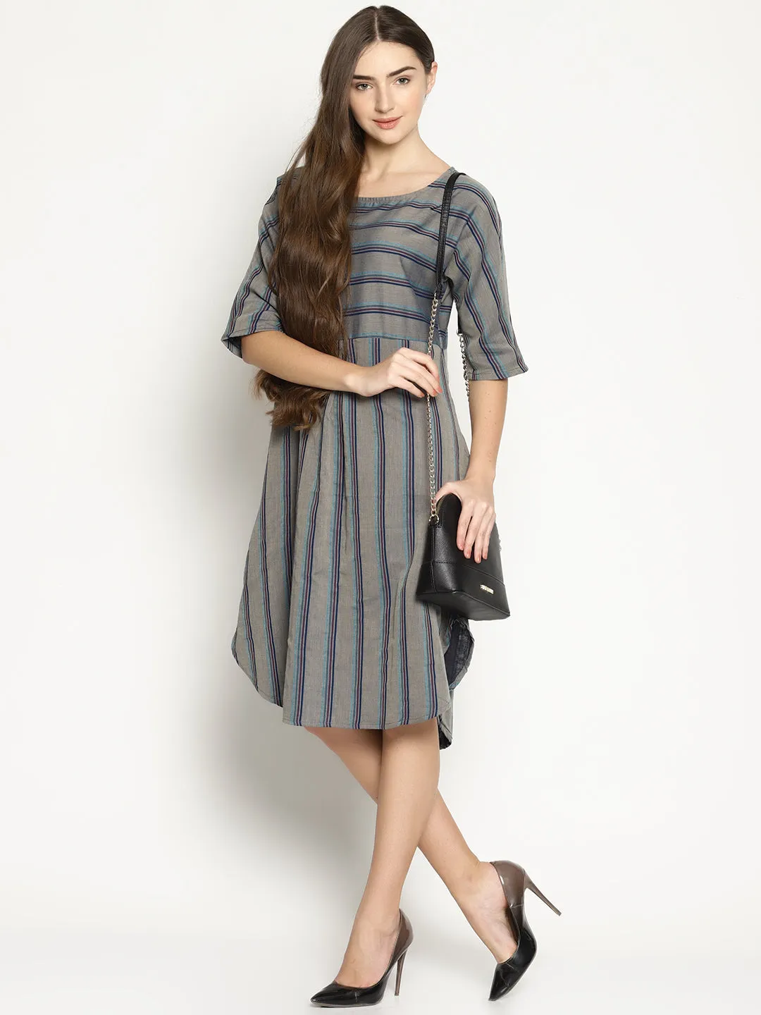 Grey Striped Dress With Curved Hemline