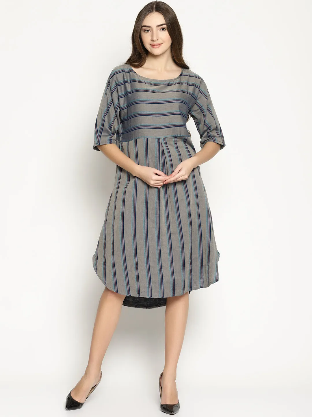 Grey Striped Dress With Curved Hemline