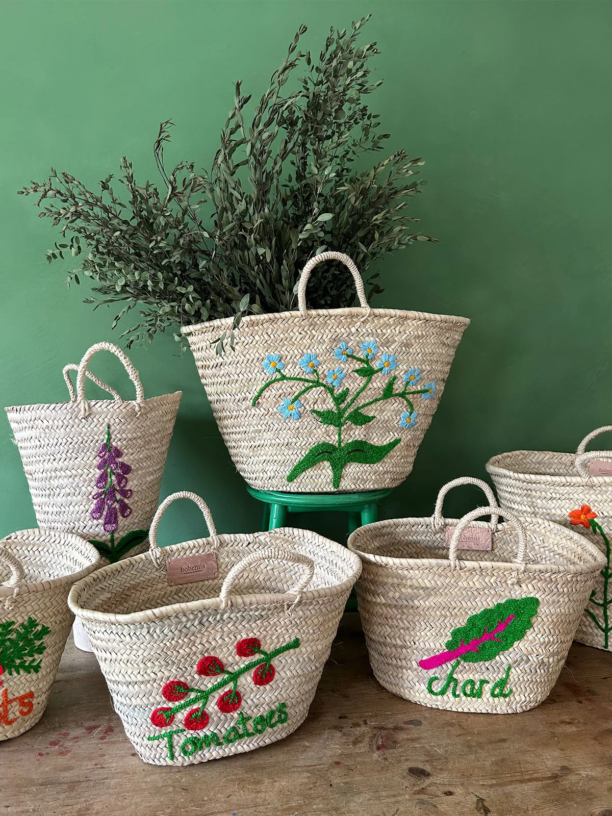 Hand Embroidered Market Basket, Tomatoes