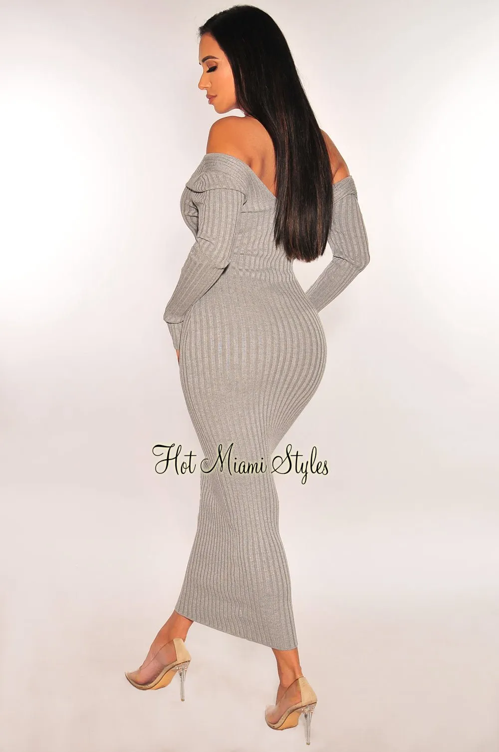 Heather Gray Ribbed Knit Long Sleeves Dress