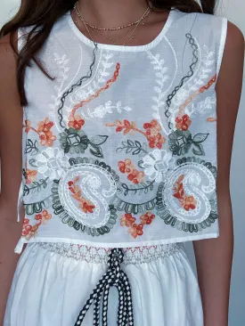 Linen Embroidered Tie Top