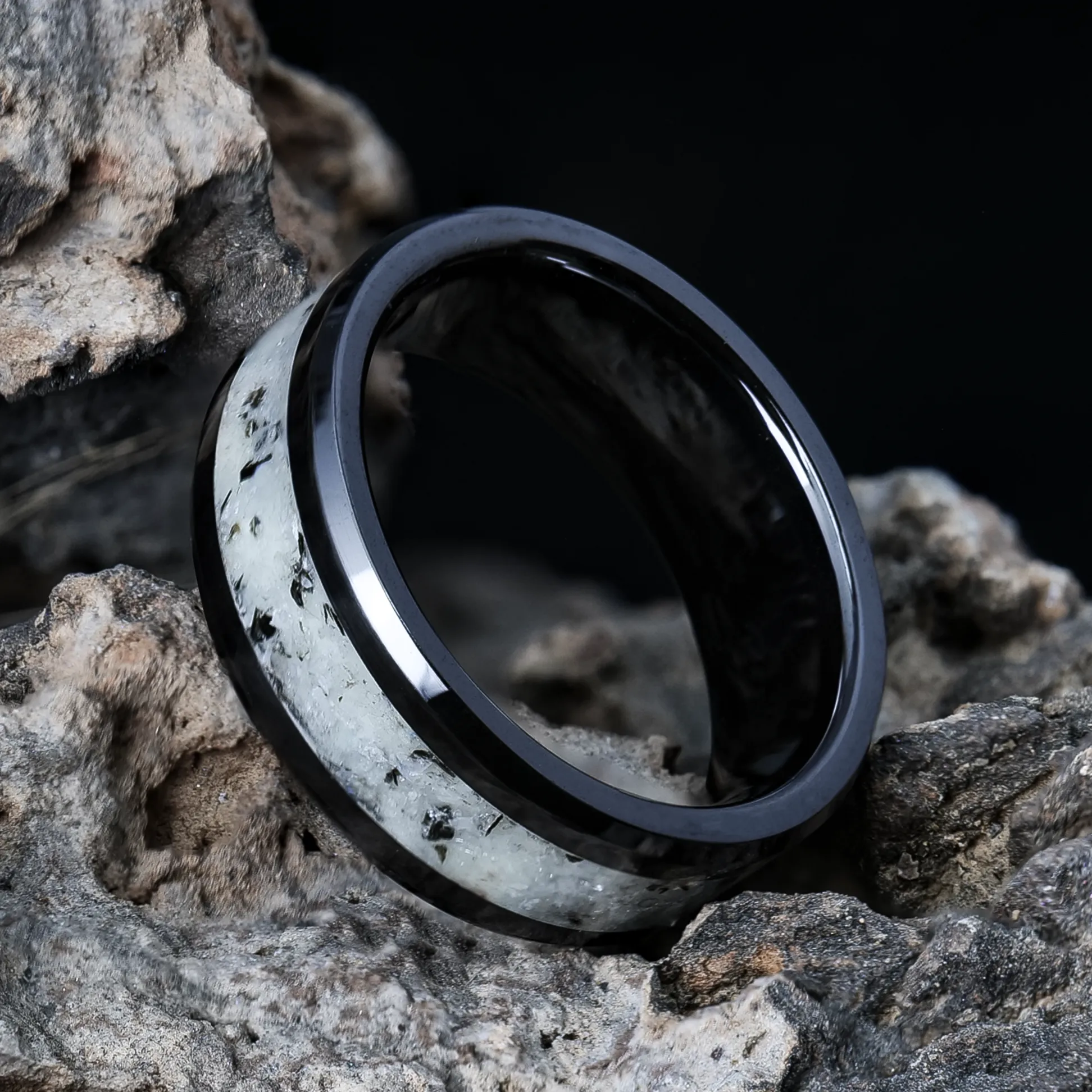 Moonstone Glowstone Ring on Black Ceramic